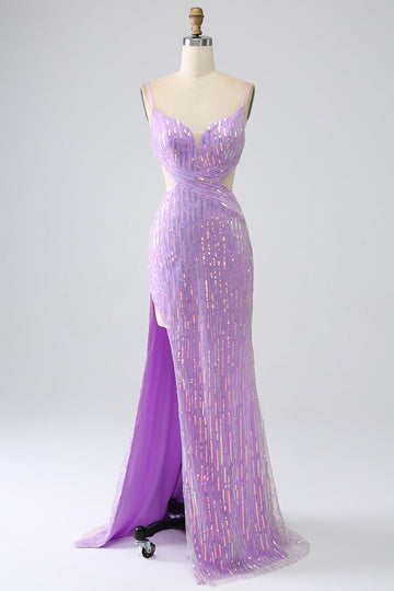 Vestido de fiesta de lentejuelas de lentejuelas con correas de sirena brillante con abertura